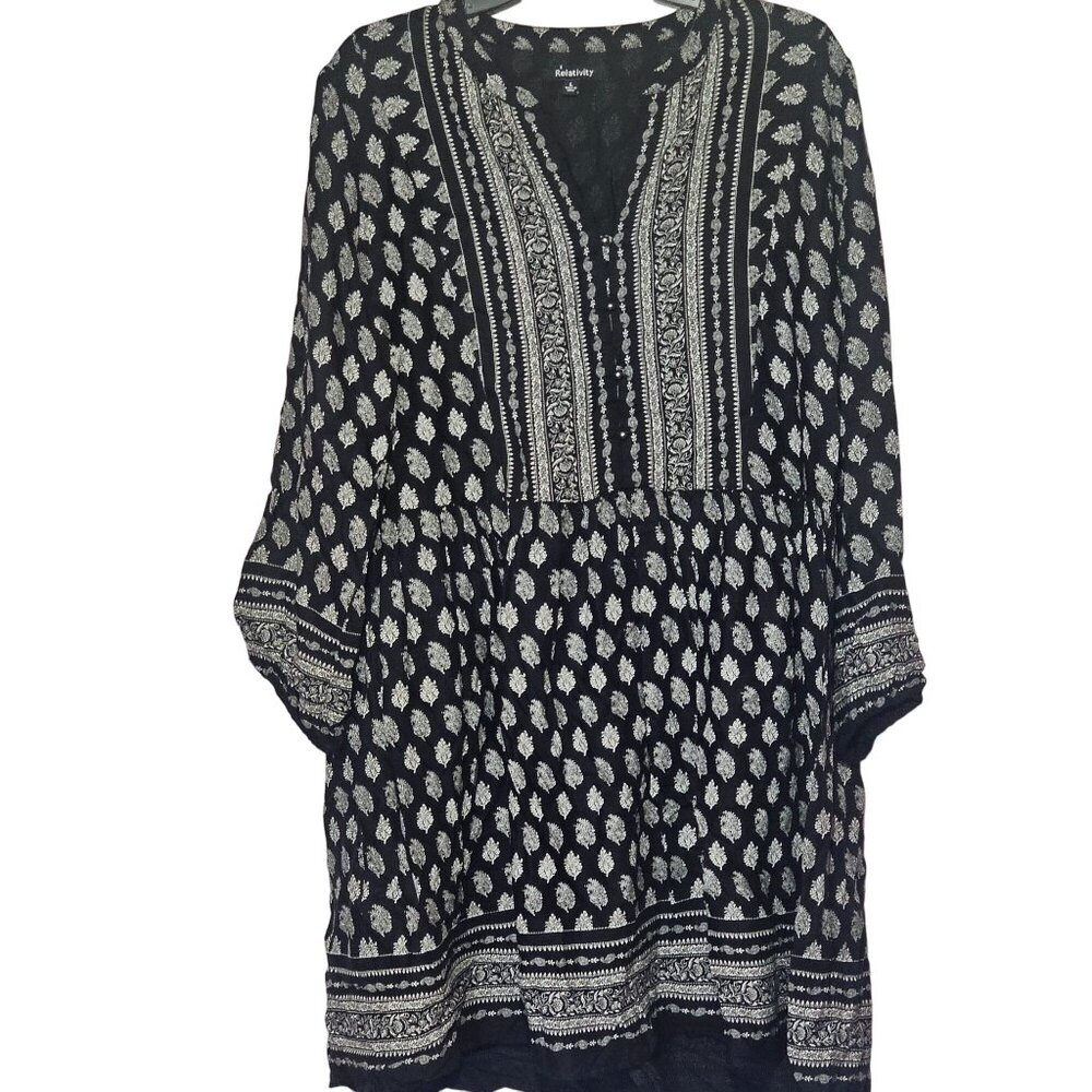(A1321) Relativity Black White Tribal Print Summer Paisley Boho Tunic Dress L